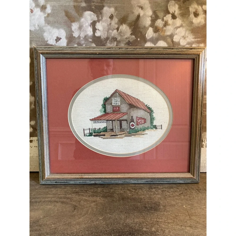 Vintage Framed Cross Stitch Americana General Store Coca-Cola Art 15x12